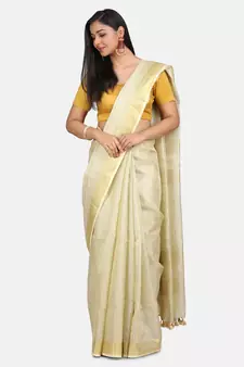 Small Check Golden Tissue Linen Handwoven Saree With Contrast Border And Blouse Piece