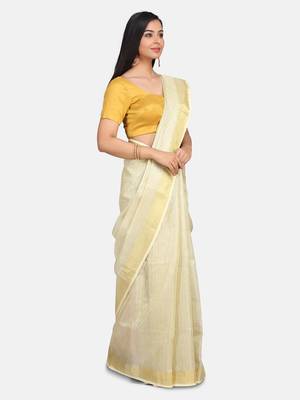 Small Check Golden Tissue Linen Handwoven Saree With Contrast Border And Blouse Piece 6