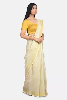 Small Check Golden Tissue Linen Handwoven Saree With Contrast Border And Blouse Piece
