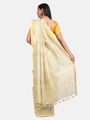 Small Check Golden Tissue Linen Handwoven Saree With Contrast Border And Blouse Piece 7
