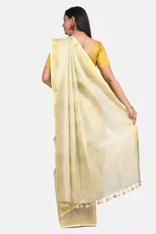 Small Check Golden Tissue Linen Handwoven Saree With Contrast Border And Blouse Piece