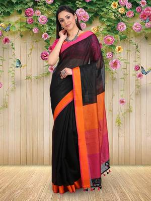 Black Woven Linen Saree With Blouse 5