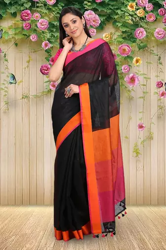 Black Woven Linen Saree With Blouse