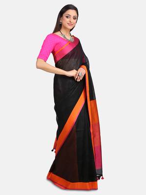 Black Woven Linen Saree With Blouse 1