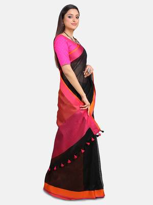 Black Woven Linen Saree With Blouse 6
