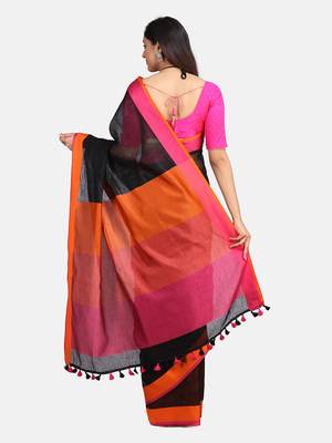 Black Woven Linen Saree With Blouse 7