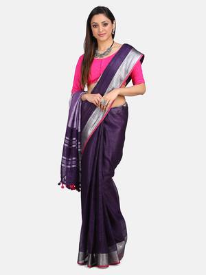Blue Hand Woven Linen Saree With Blouse 1