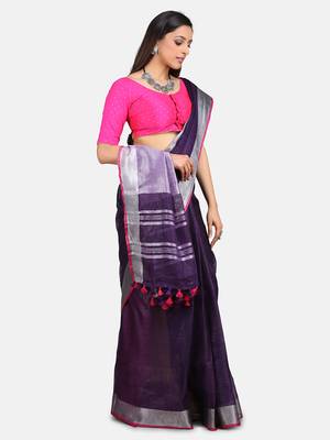 Blue Hand Woven Linen Saree With Blouse 5
