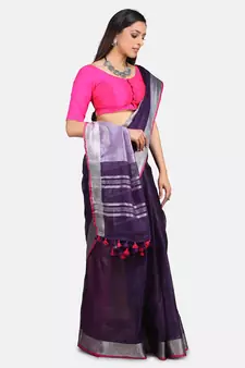 Blue Hand Woven Linen Saree With Blouse