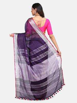 Blue Hand Woven Linen Saree With Blouse 6