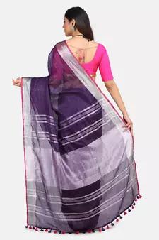 Blue Hand Woven Linen Saree With Blouse