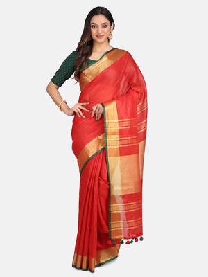 Red Woven Linen Saree With Blouse 1