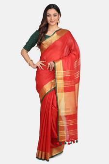 Red Woven Linen Saree With Blouse