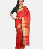 Red Woven Linen Saree With Blouse