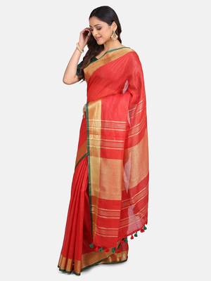 Red Woven Linen Saree With Blouse 5