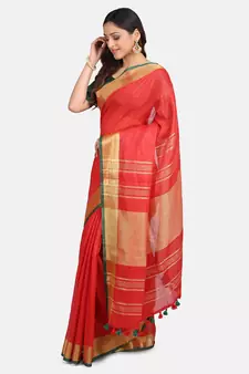 Red Woven Linen Saree With Blouse