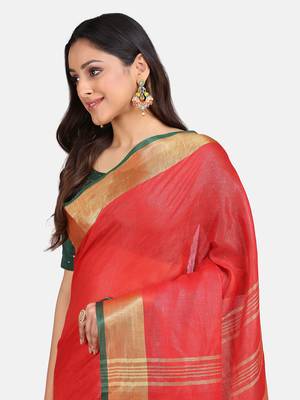 Red Woven Linen Saree With Blouse 6