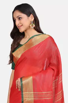 Red Woven Linen Saree With Blouse