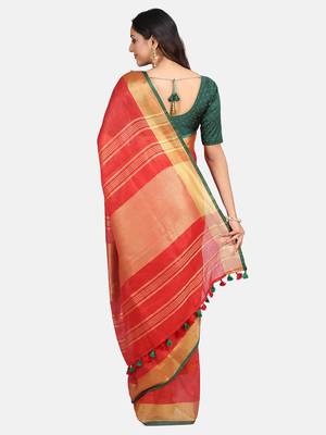 Red Woven Linen Saree With Blouse 7