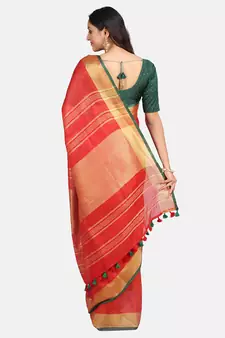 Red Woven Linen Saree With Blouse