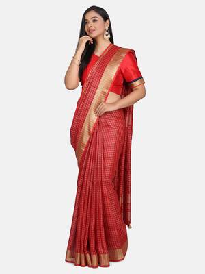 Red Woven Linen Saree With Blouse 1