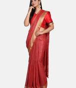 Red Woven Linen Saree With Blouse