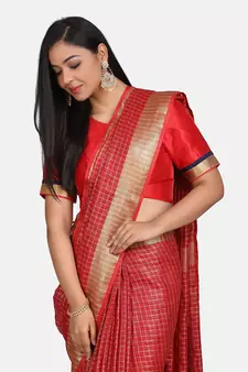 Red Woven Linen Saree With Blouse