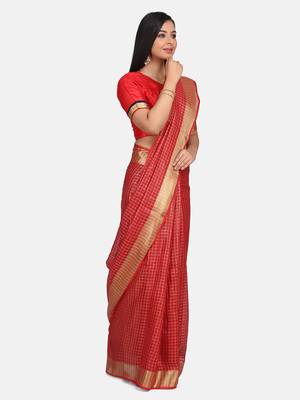 Red Woven Linen Saree With Blouse 6