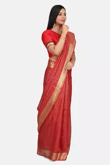 Red Woven Linen Saree With Blouse