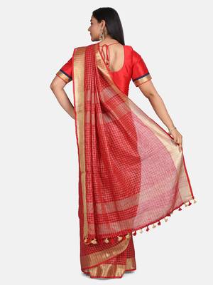 Red Woven Linen Saree With Blouse 7