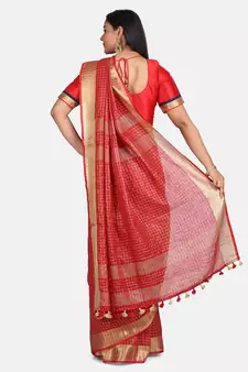 Red Woven Linen Saree With Blouse