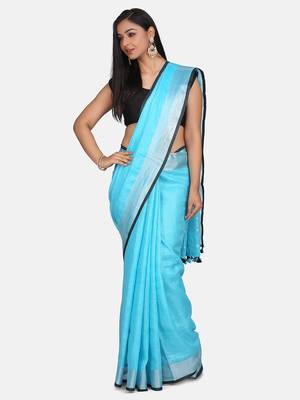 Sky Blue Woven Linen Saree With Blouse 5