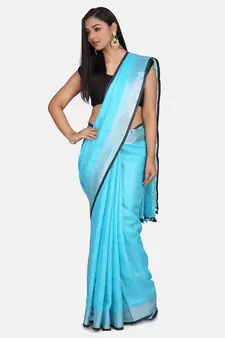 Sky Blue Woven Linen Saree With Blouse