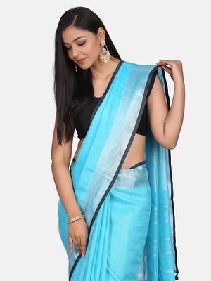 Sky Blue Woven Linen Saree With Blouse 6