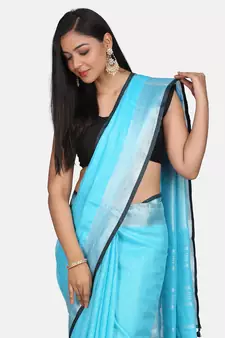Sky Blue Woven Linen Saree With Blouse