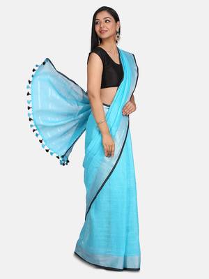 Sky Blue Woven Linen Saree With Blouse 1