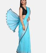Sky Blue Woven Linen Saree With Blouse