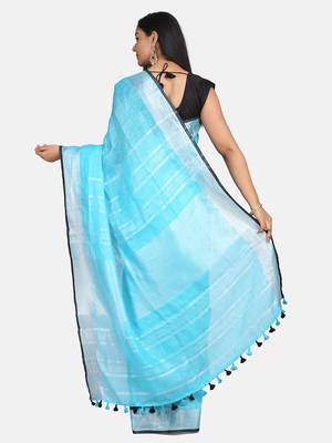 Sky Blue Woven Linen Saree With Blouse 7