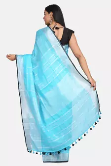 Sky Blue Woven Linen Saree With Blouse