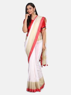White Linen Saree With Zari Border And With Blouse 5
