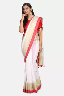 White Linen Saree With Zari Border And With Blouse