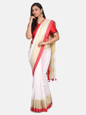 White Linen Saree With Zari Border And With Blouse 1