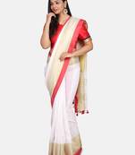 White Linen Saree With Zari Border And With Blouse