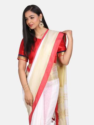 White Linen Saree With Zari Border And With Blouse 6