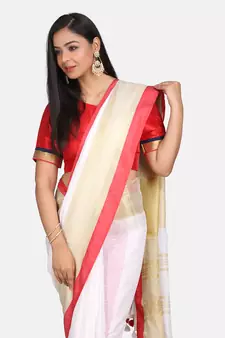 White Linen Saree With Zari Border And With Blouse