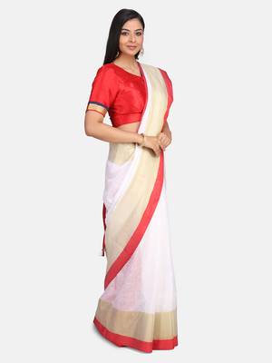 White Linen Saree With Zari Border And With Blouse 7