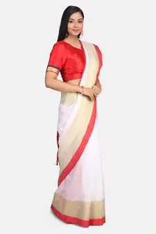 White Linen Saree With Zari Border And With Blouse