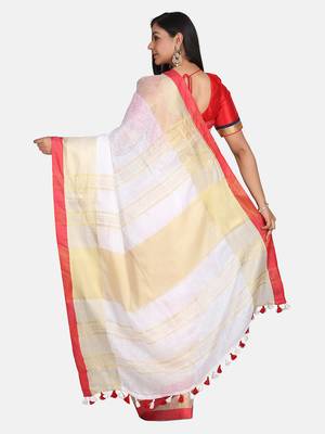 White Linen Saree With Zari Border And With Blouse 8