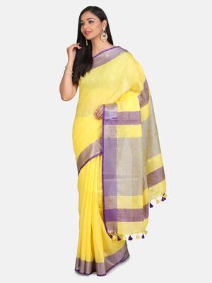 Yellow Woven Linen Saree With Blouse 1