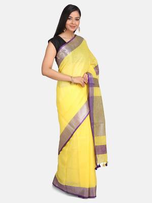 Yellow Woven Linen Saree With Blouse 5
